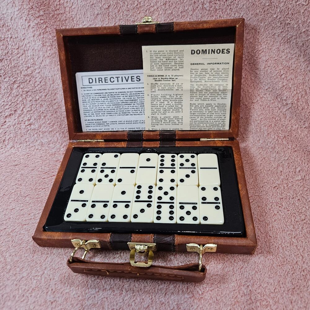 Vintage Milton Bradley Dominoes Set in Faux Leather Briefcase Case with Handle